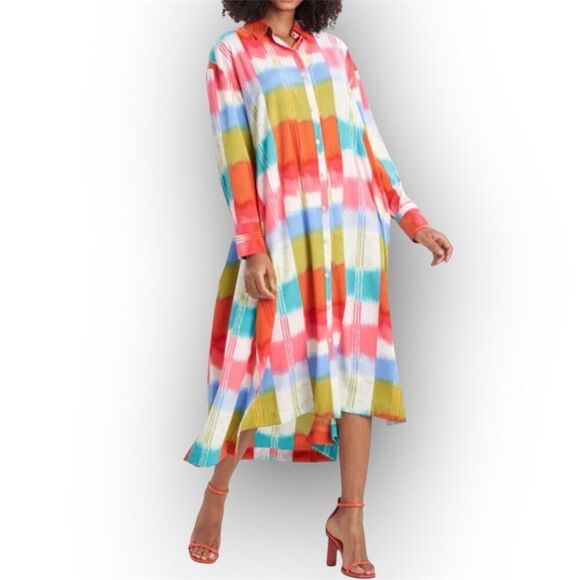 Natori Boro Kaftan Button Down Dress Colorful Turquiose Geometric Women’s Medium - Picture 2 of 16